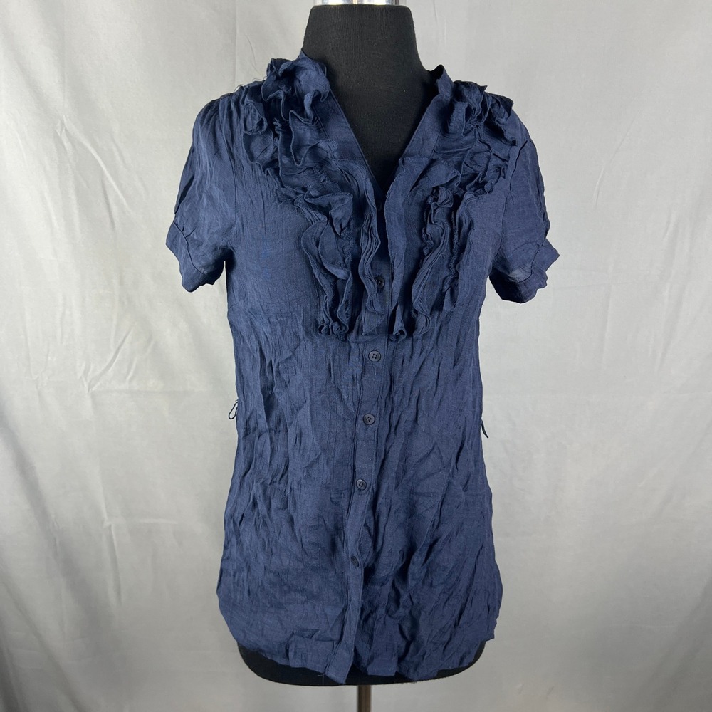 Rachael & Chloe Blouse Top Womens Small Navy Blue Ruffle Front Lace Back Casual